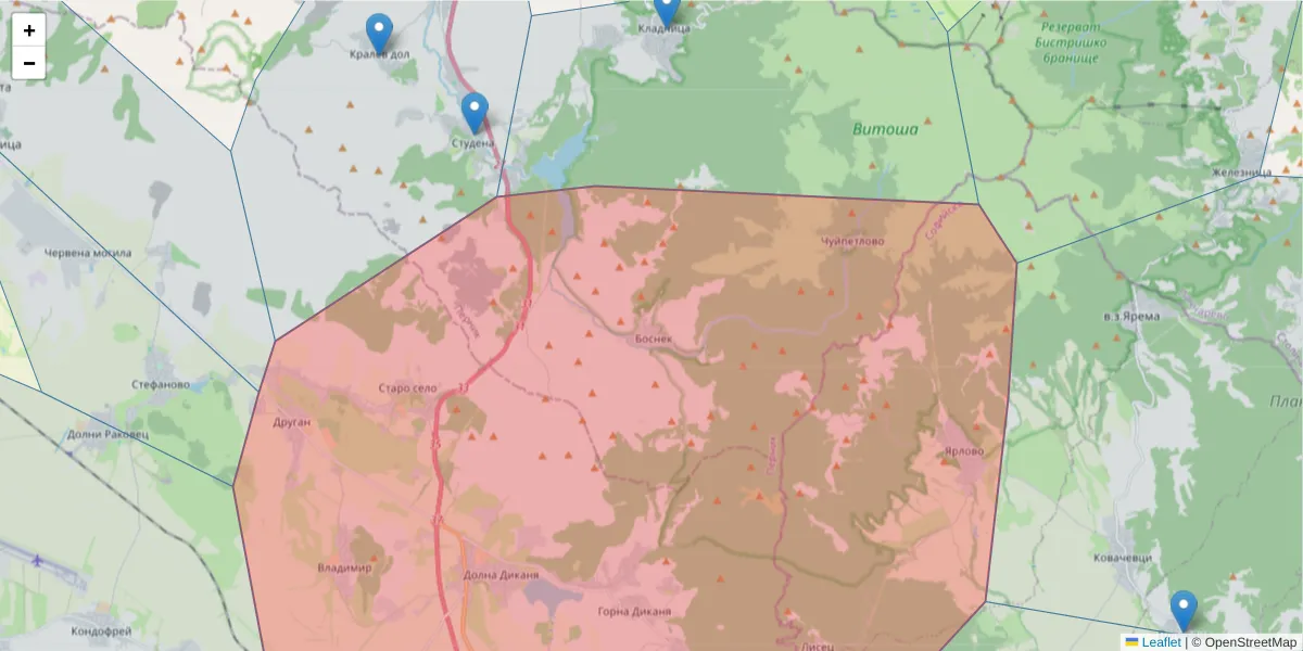 Карта на пощенски код  и съседните пощенски кодове в България