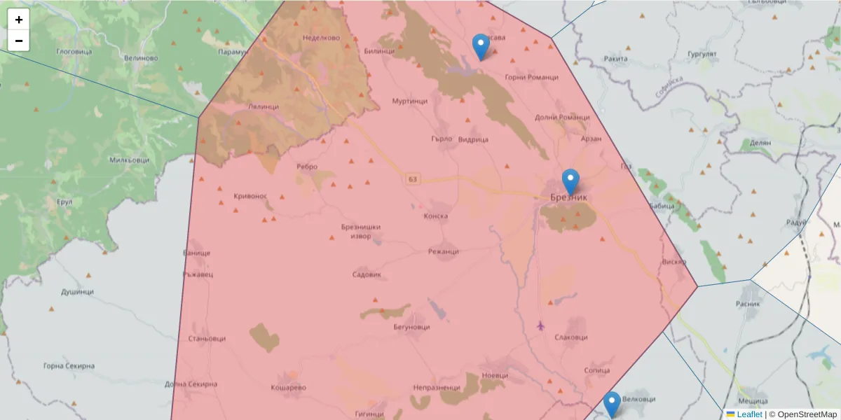 Карта на пощенски код  и съседните пощенски кодове в България