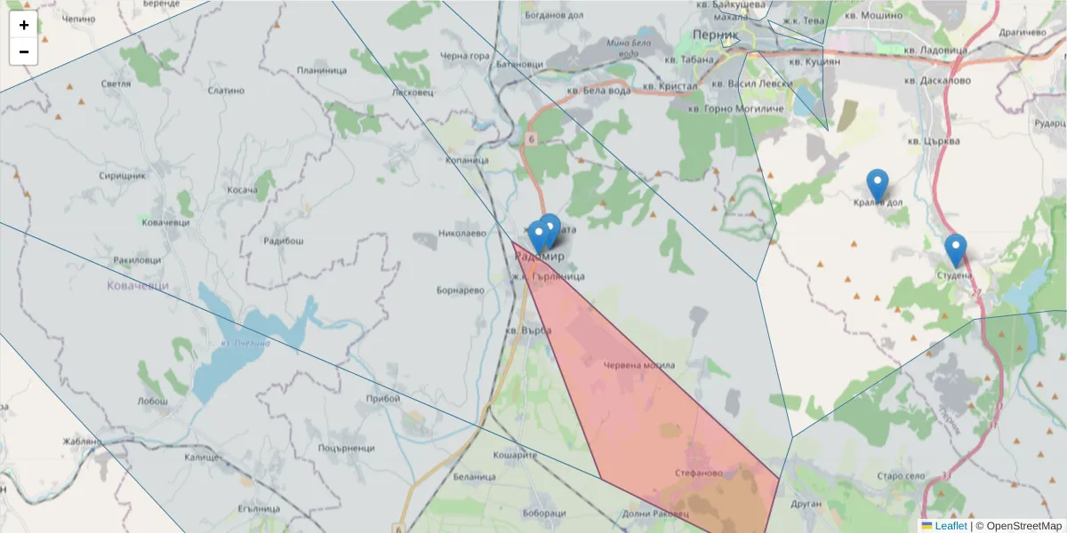 Карта на пощенски код  и съседните пощенски кодове в България