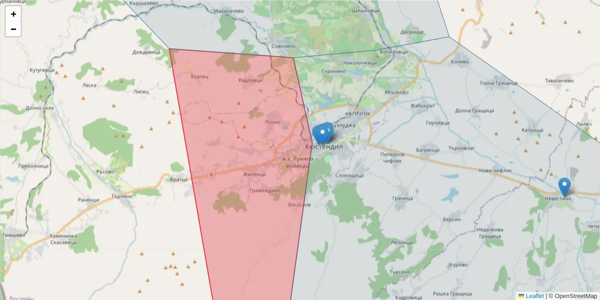 Карта на пощенски код  и съседните пощенски кодове в България