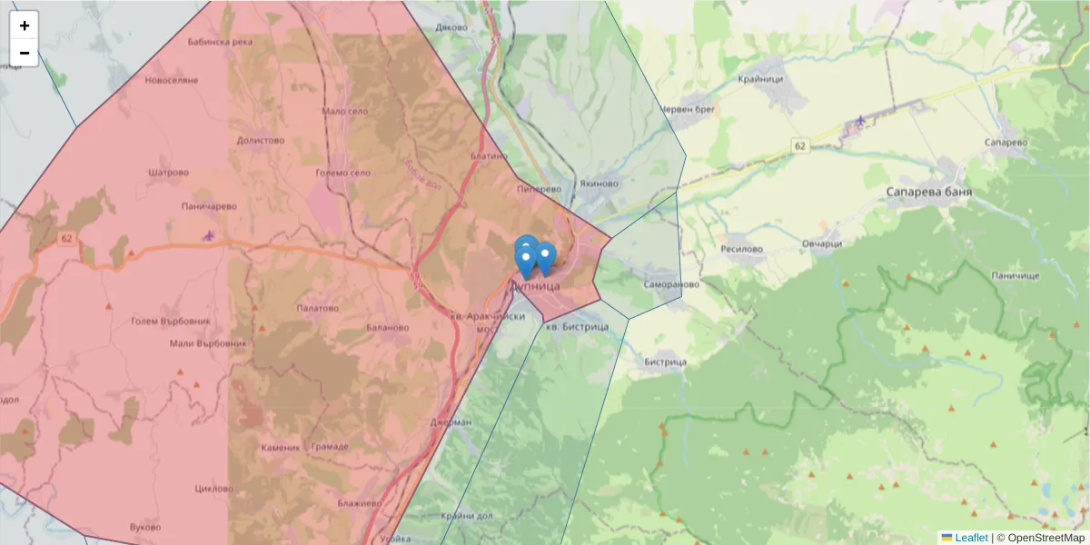 Карта на пощенски код  и съседните пощенски кодове в България