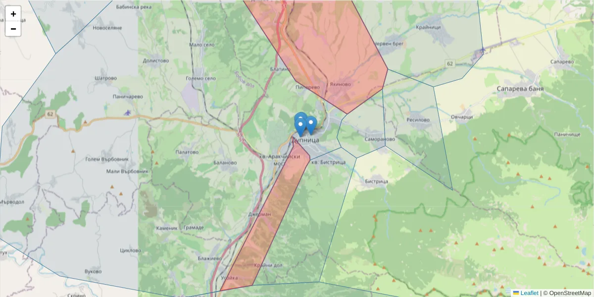 Карта на пощенски код  и съседните пощенски кодове в България