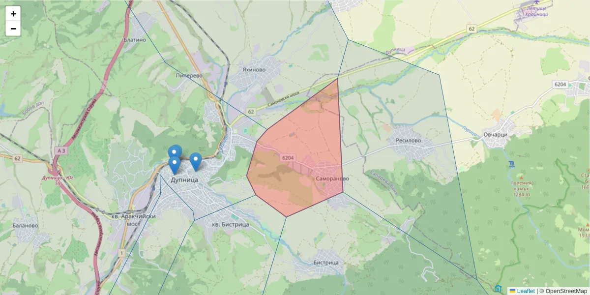 Карта на пощенски код  и съседните пощенски кодове в България