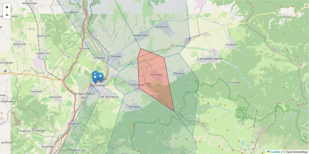 Карта на пощенски код  и съседните пощенски кодове в България