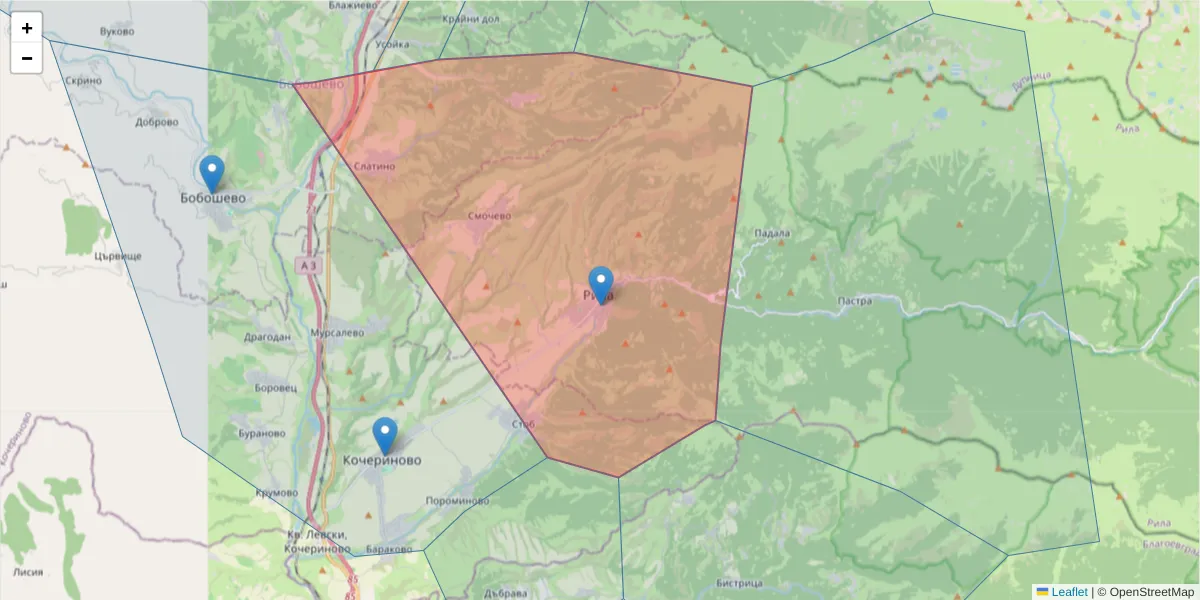 Карта на пощенски код  и съседните пощенски кодове в България