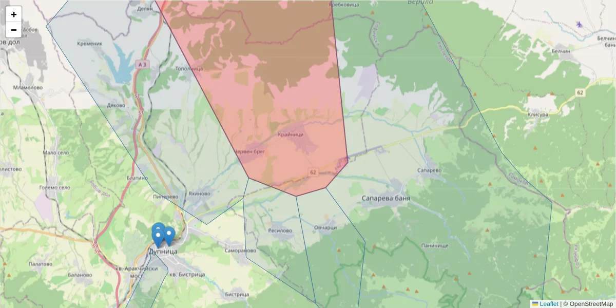 Карта на пощенски код  и съседните пощенски кодове в България