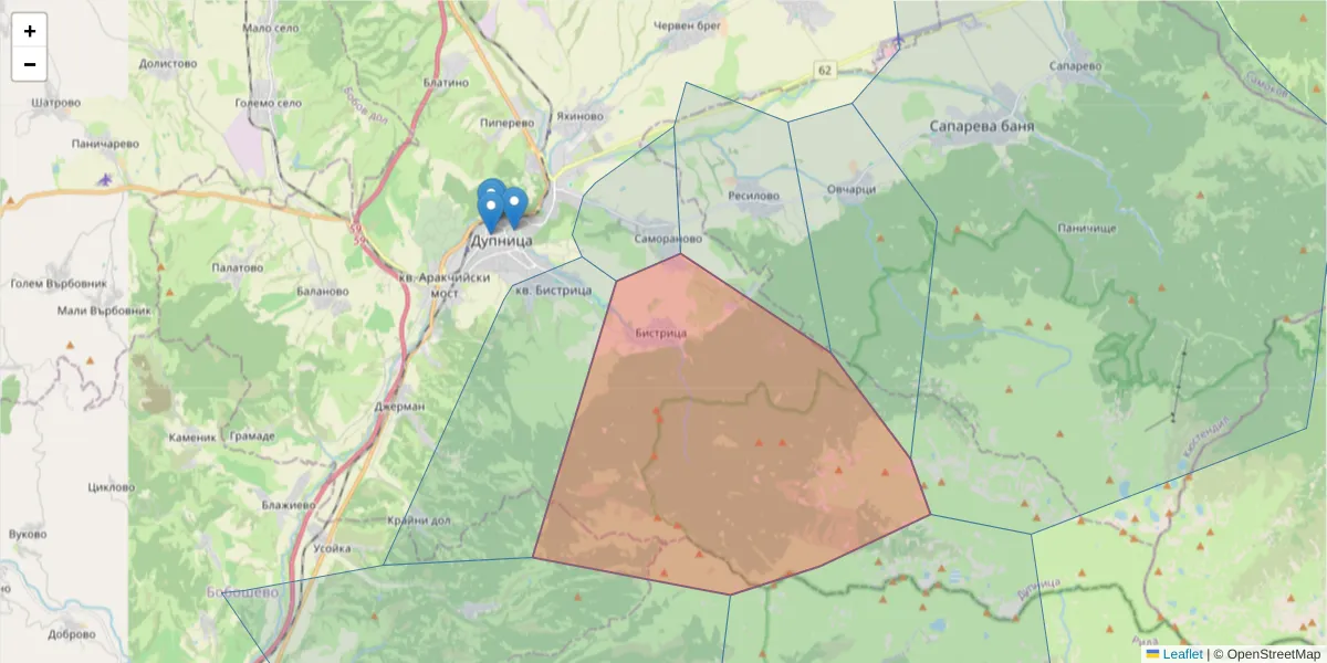 Карта на пощенски код  и съседните пощенски кодове в България