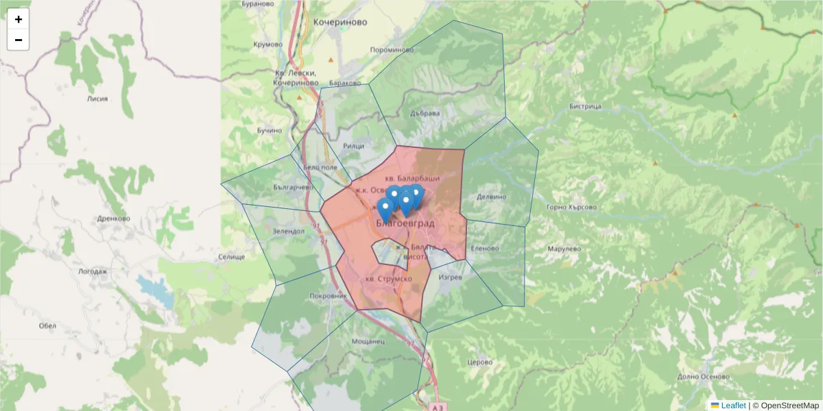 Карта на пощенски код  и съседните пощенски кодове в България