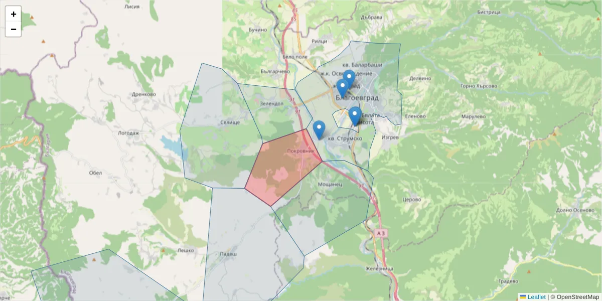 Карта на пощенски код  и съседните пощенски кодове в България