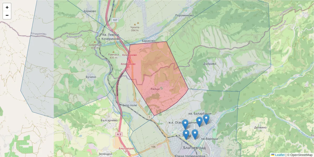 Карта на пощенски код  и съседните пощенски кодове в България