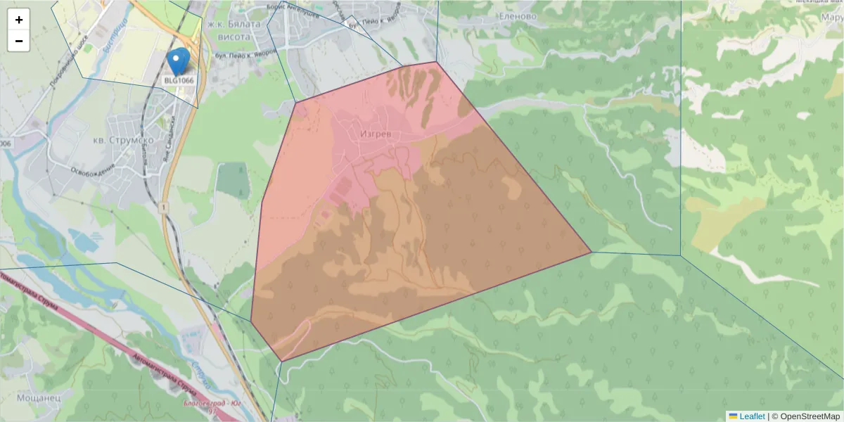 Карта на пощенски код  и съседните пощенски кодове в България