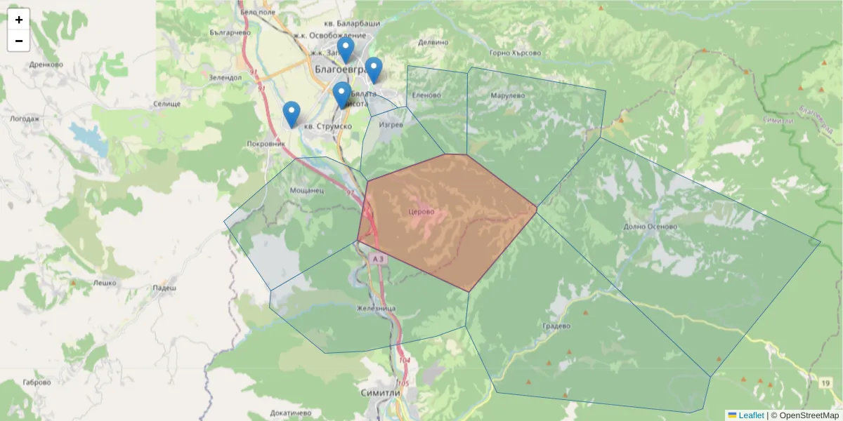 Карта на пощенски код  и съседните пощенски кодове в България