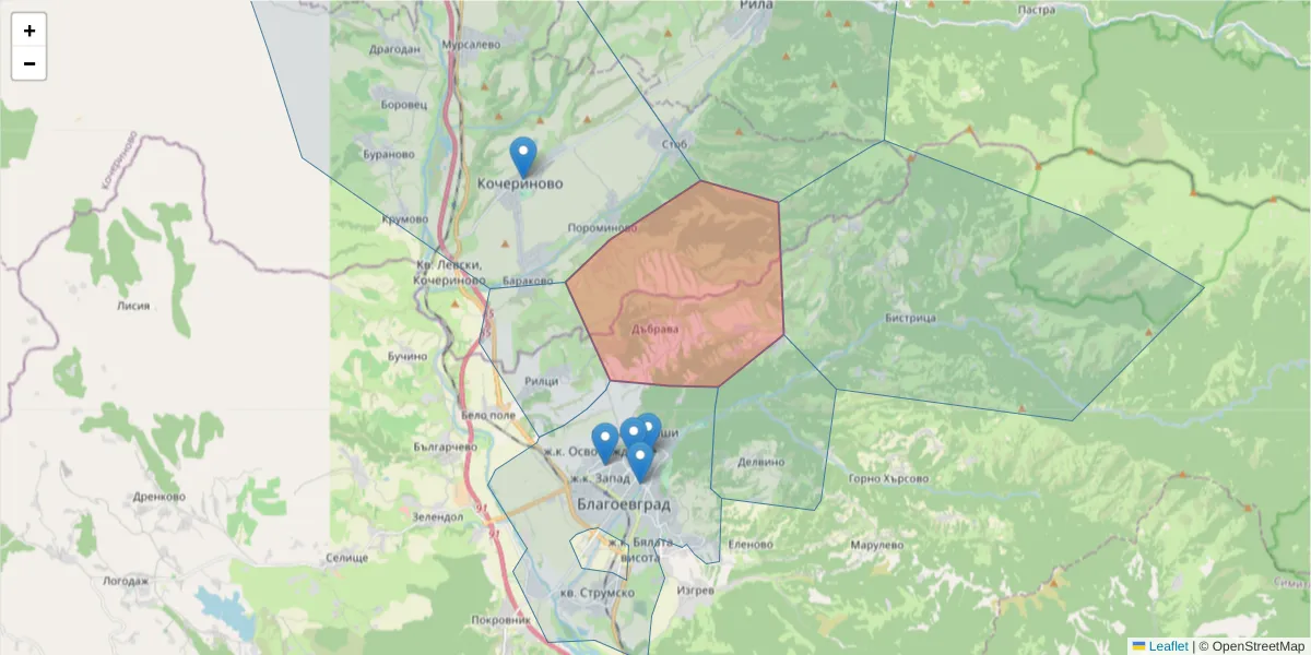 Карта на пощенски код  и съседните пощенски кодове в България