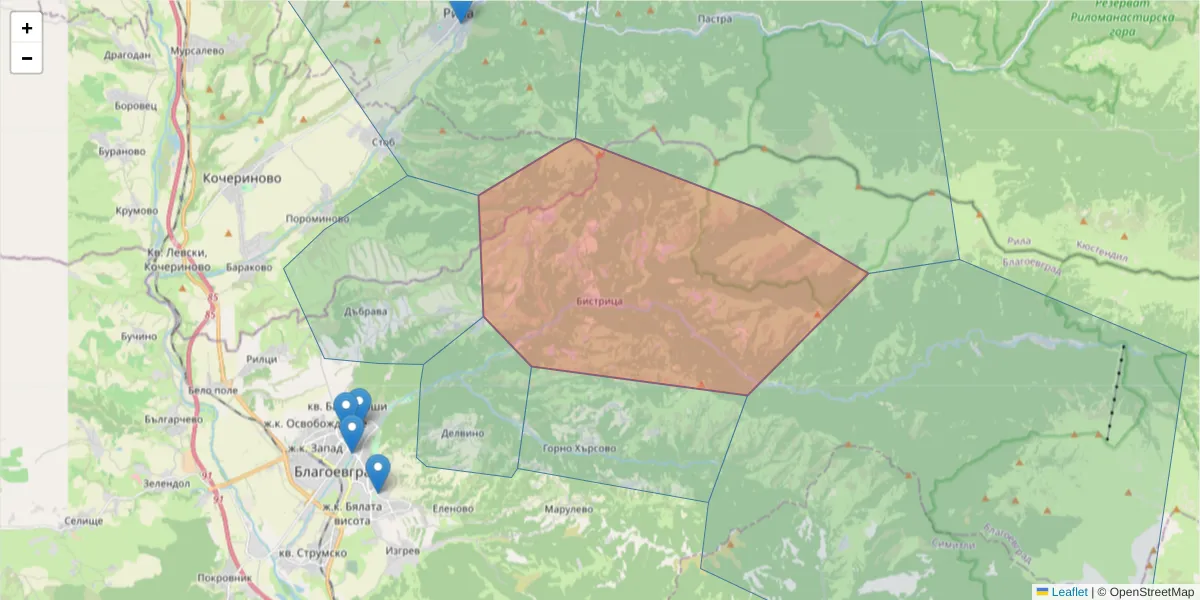 Карта на пощенски код  и съседните пощенски кодове в България