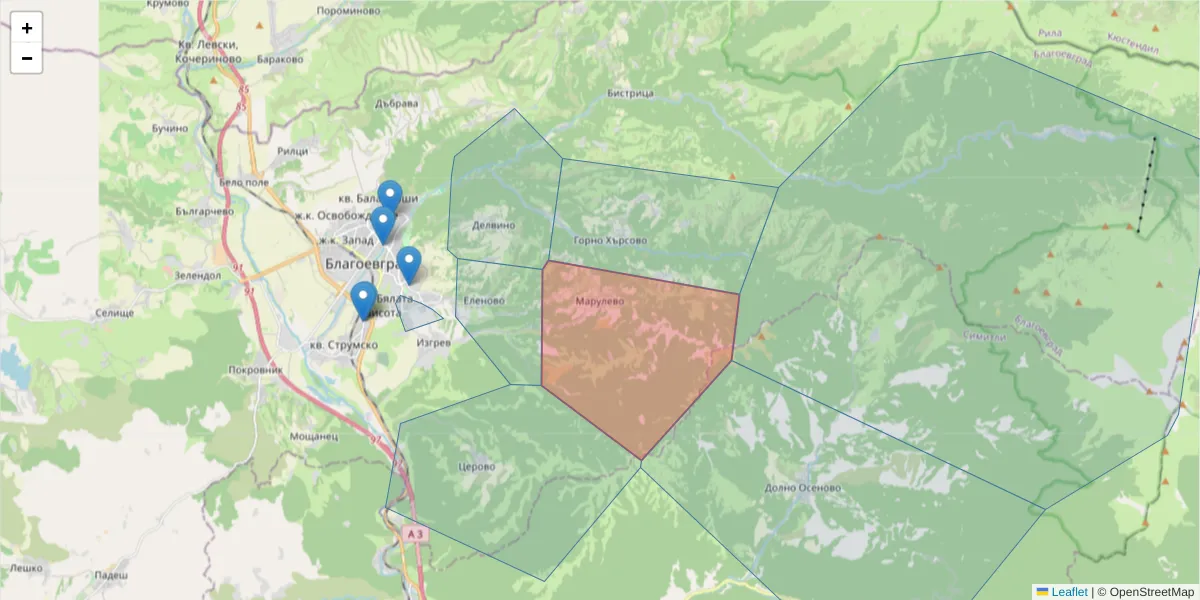 Карта на пощенски код  и съседните пощенски кодове в България
