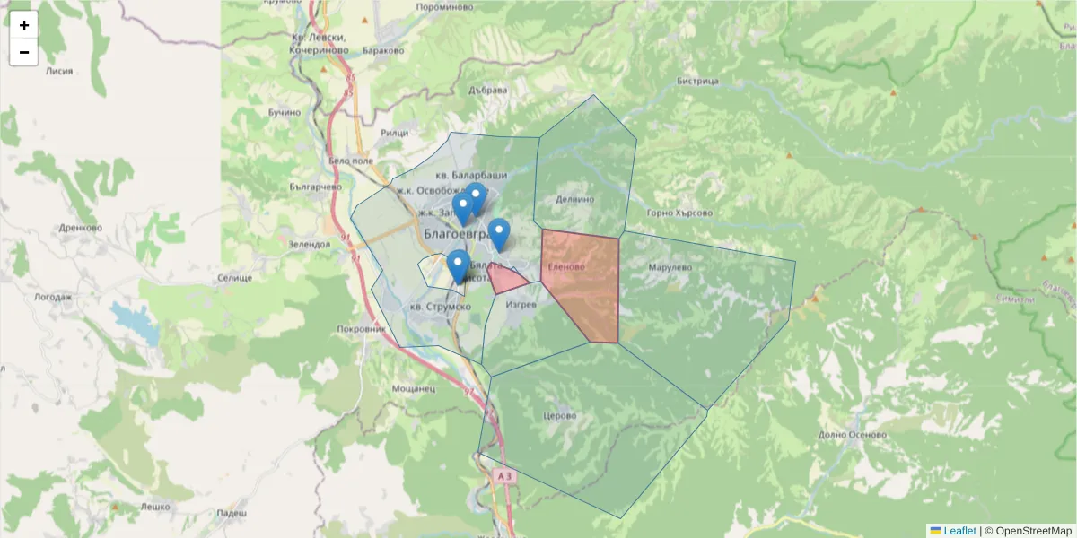 Карта на пощенски код  и съседните пощенски кодове в България