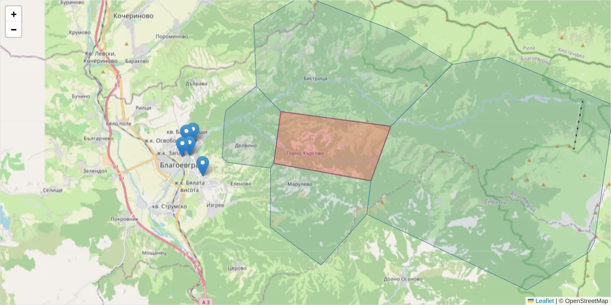 Карта на пощенски код  и съседните пощенски кодове в България