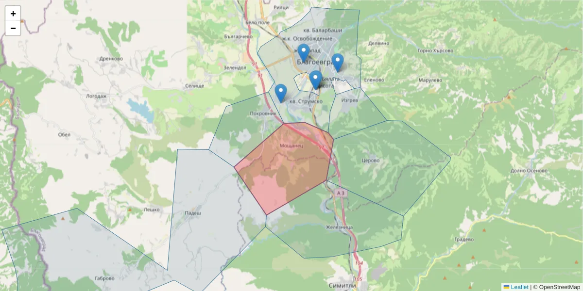 Карта на пощенски код  и съседните пощенски кодове в България