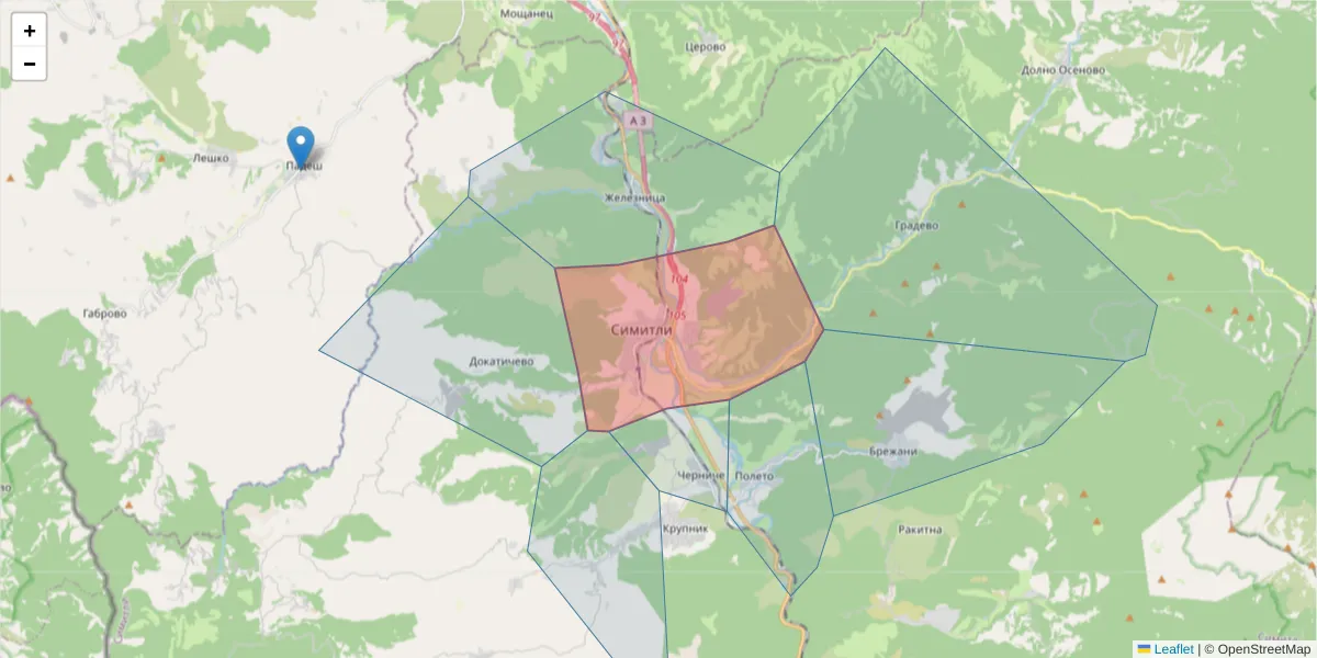 Карта на пощенски код  и съседните пощенски кодове в България