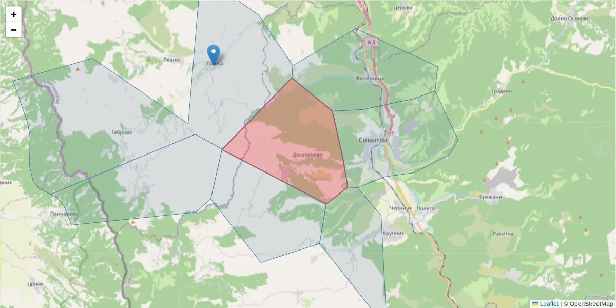 Карта на пощенски код  и съседните пощенски кодове в България