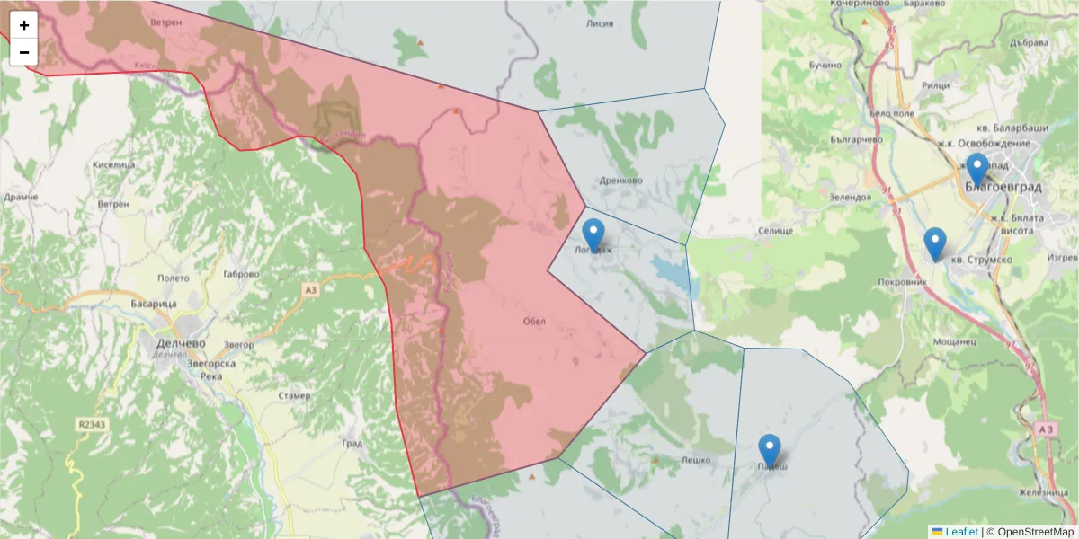 Карта на пощенски код  и съседните пощенски кодове в България