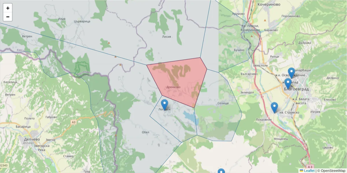 Карта на пощенски код  и съседните пощенски кодове в България