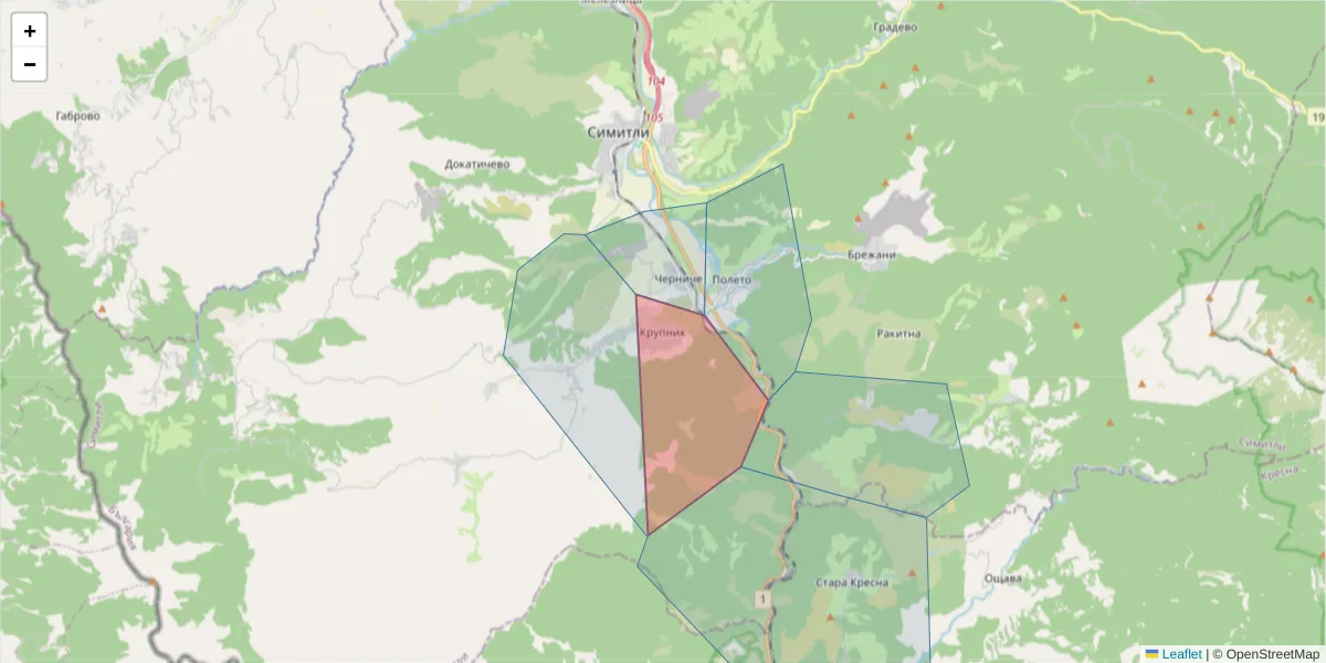Карта на пощенски код  и съседните пощенски кодове в България