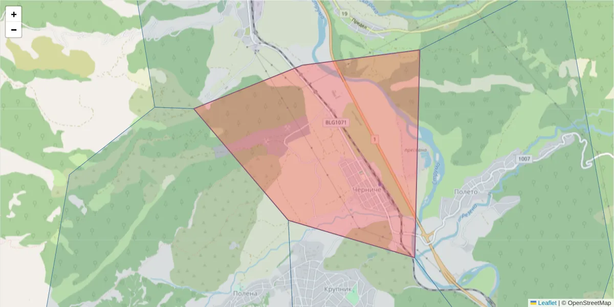 Карта на пощенски код  и съседните пощенски кодове в България
