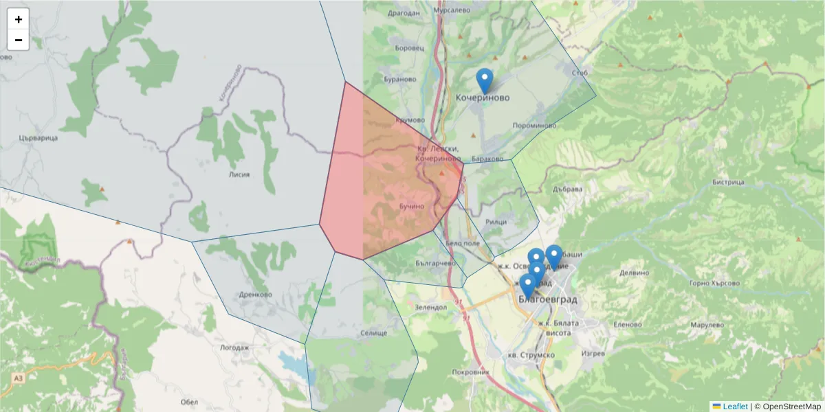 Карта на пощенски код  и съседните пощенски кодове в България