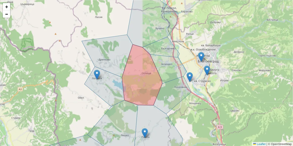 Карта на пощенски код  и съседните пощенски кодове в България