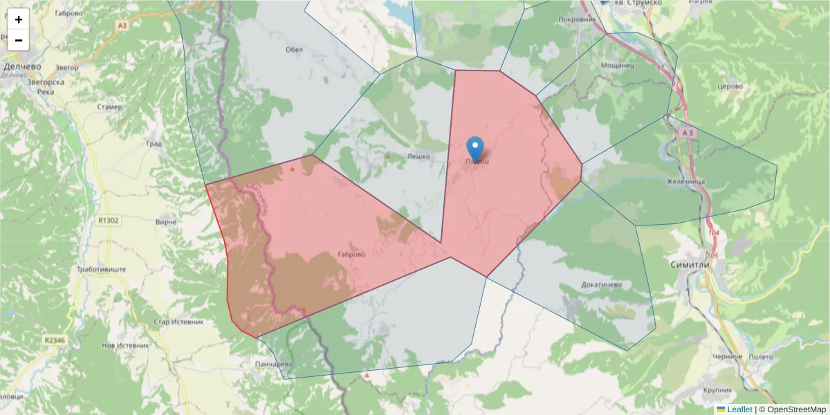 Карта на пощенски код  и съседните пощенски кодове в България