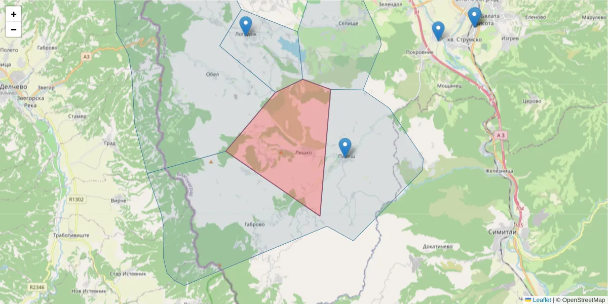 Карта на пощенски код  и съседните пощенски кодове в България