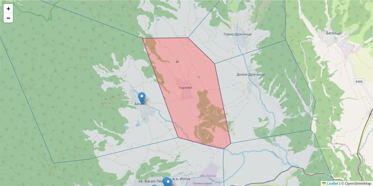 Карта на пощенски код  и съседните пощенски кодове в България