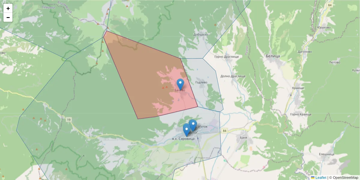 Карта на пощенски код  и съседните пощенски кодове в България
