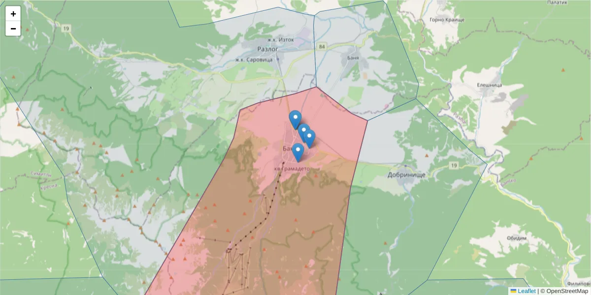 Карта на пощенски код  и съседните пощенски кодове в България