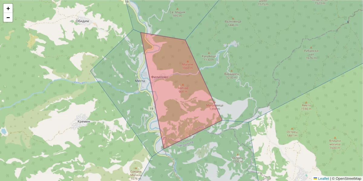 Карта на пощенски код  и съседните пощенски кодове в България