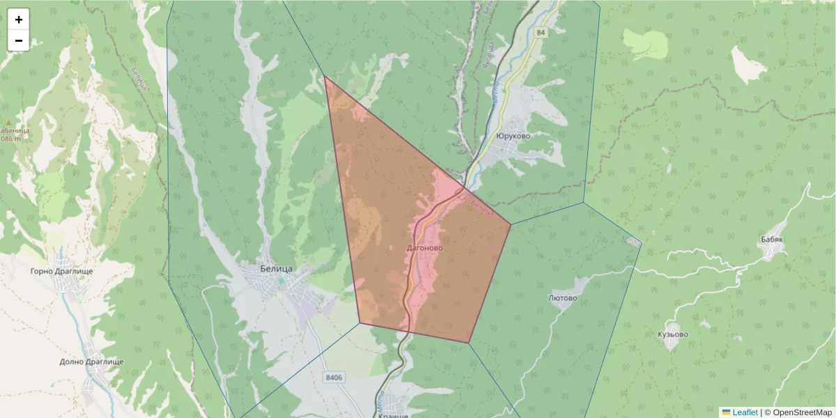Карта на пощенски код  и съседните пощенски кодове в България