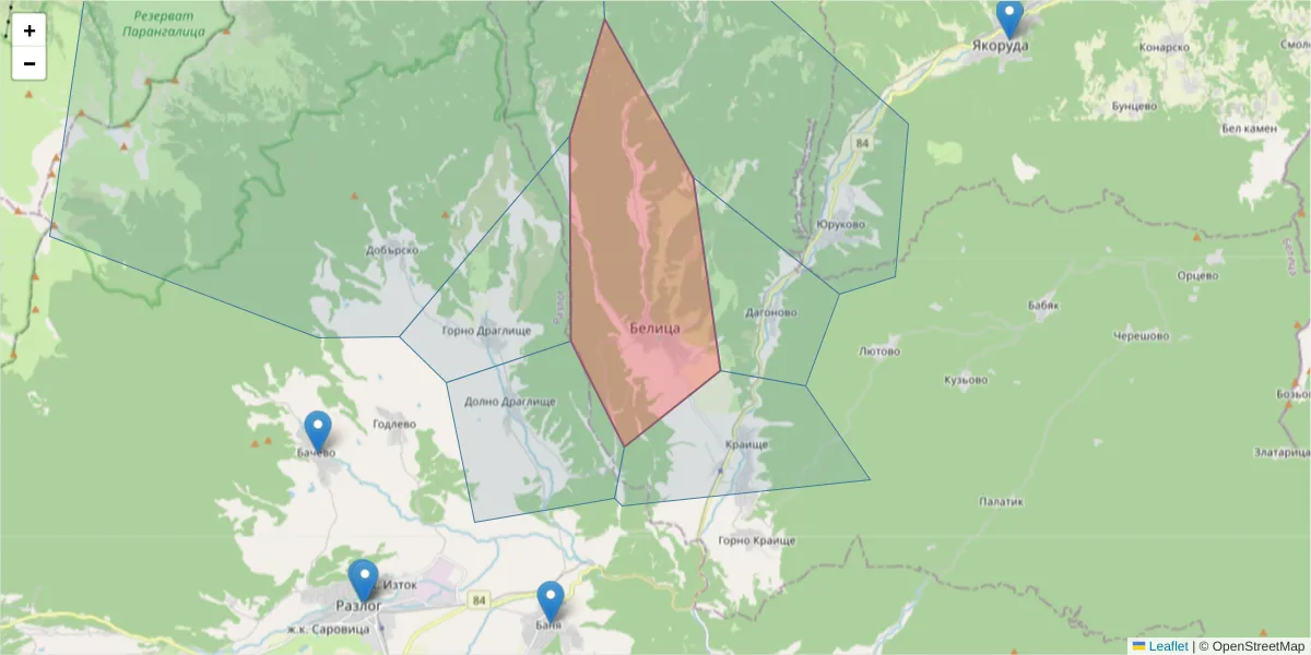 Карта на пощенски код  и съседните пощенски кодове в България