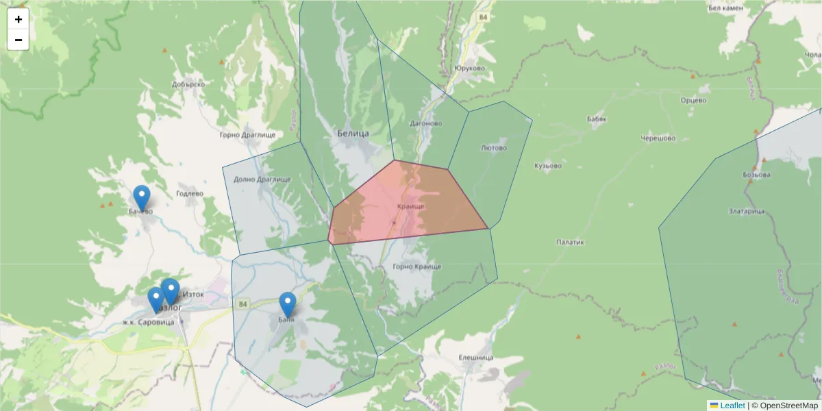 Карта на пощенски код  и съседните пощенски кодове в България