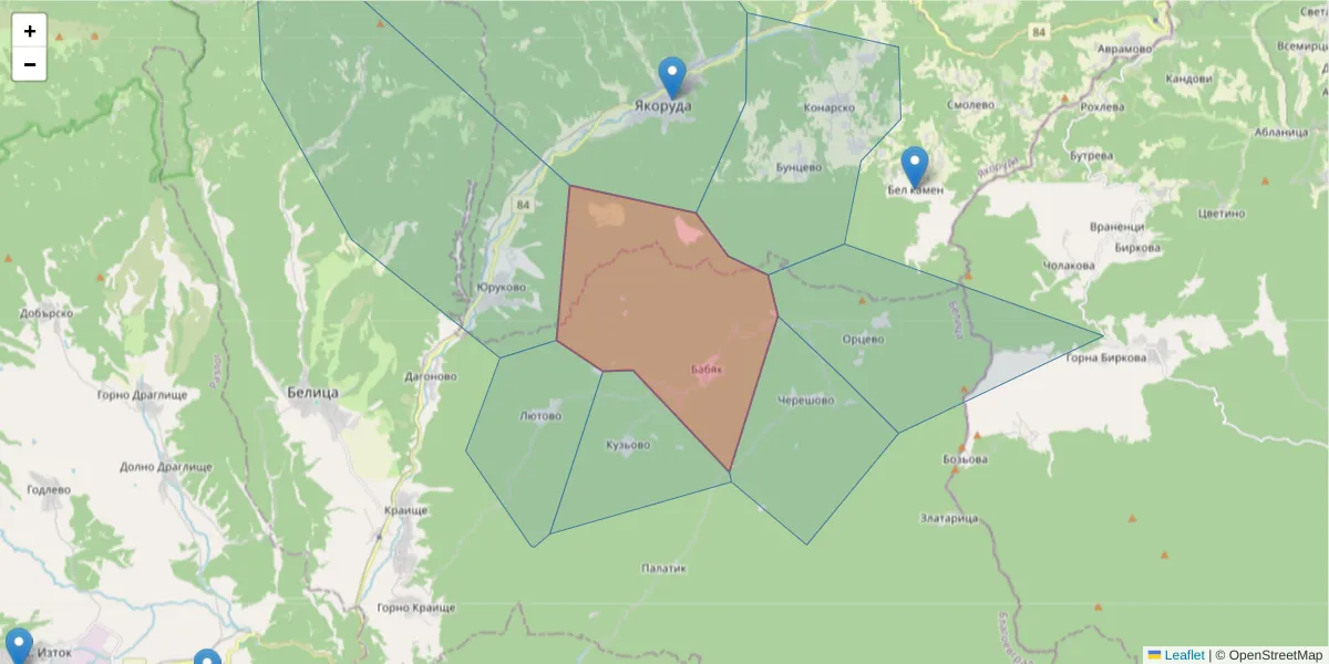 Карта на пощенски код  и съседните пощенски кодове в България