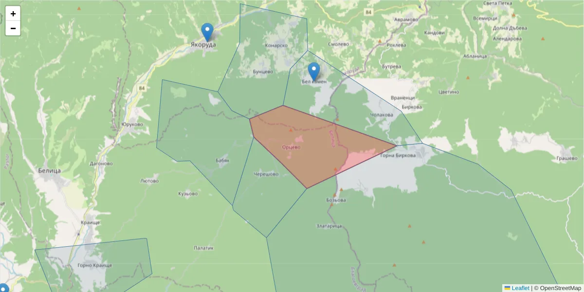 Карта на пощенски код  и съседните пощенски кодове в България