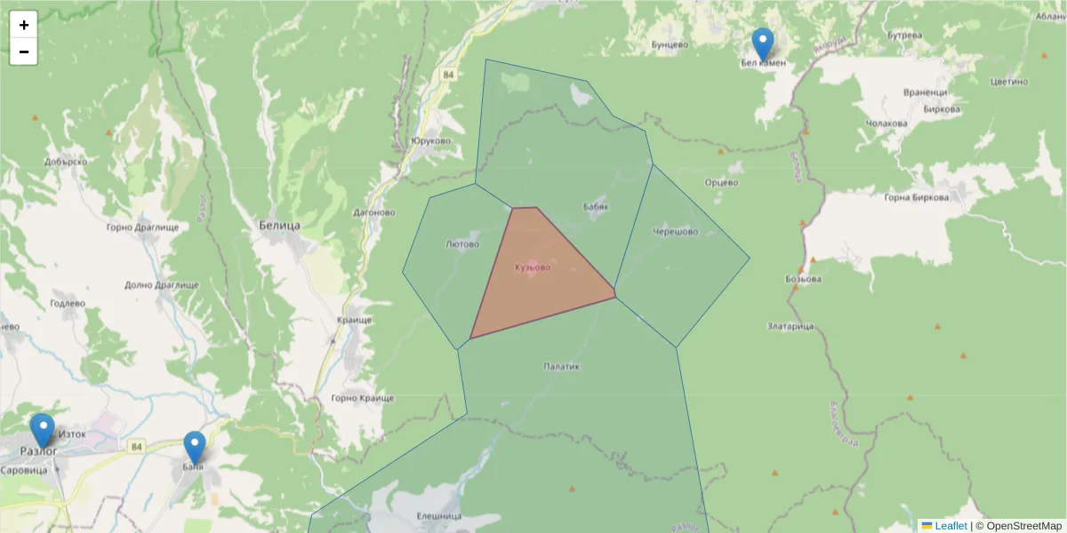 Карта на пощенски код  и съседните пощенски кодове в България