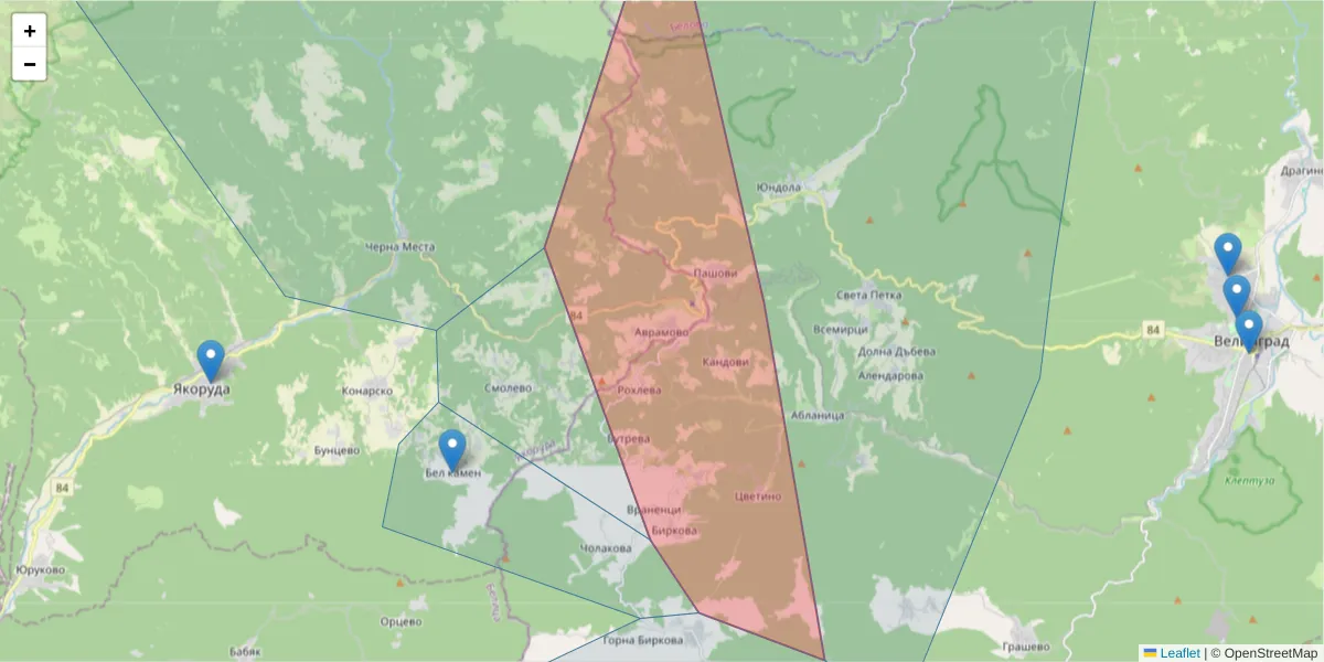 Карта на пощенски код  и съседните пощенски кодове в България