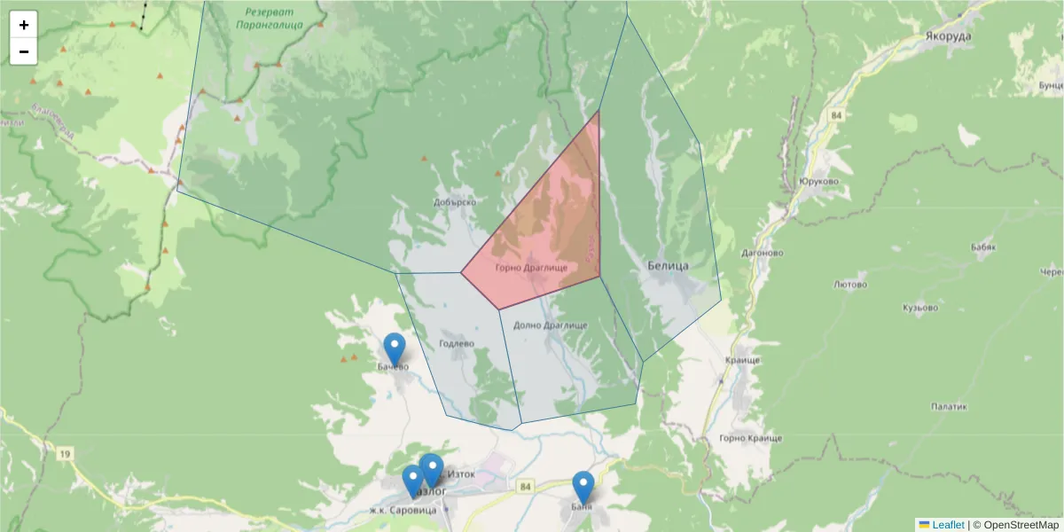 Карта на пощенски код  и съседните пощенски кодове в България