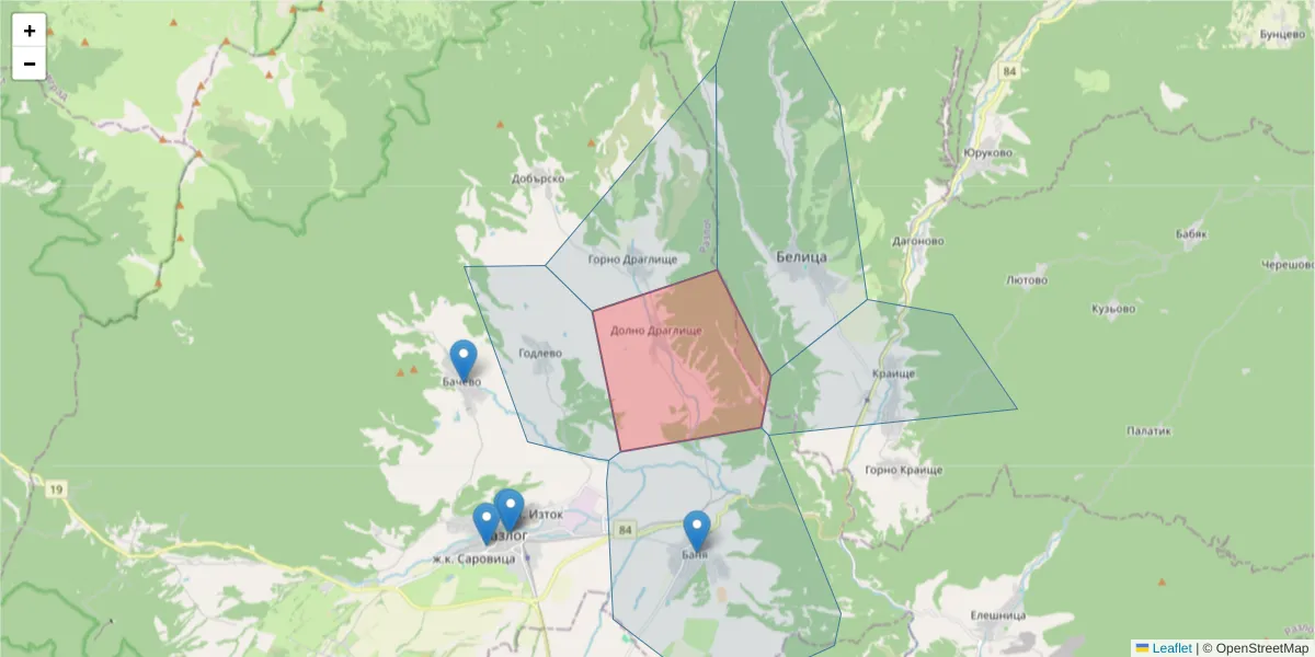 Карта на пощенски код  и съседните пощенски кодове в България