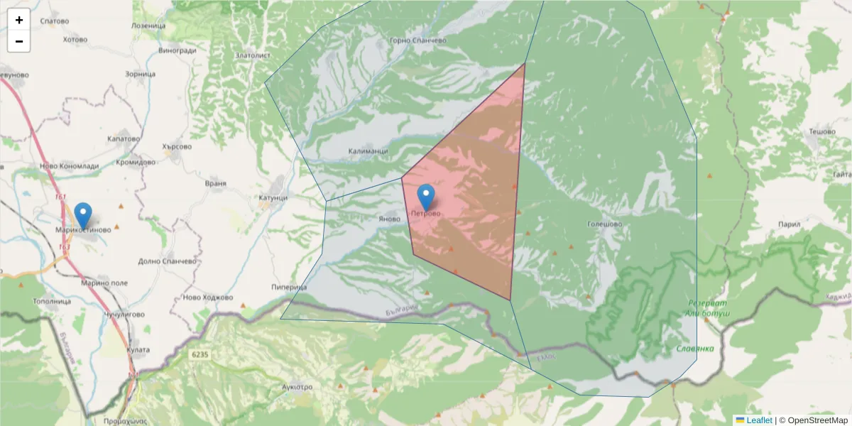 Карта на пощенски код  и съседните пощенски кодове в България