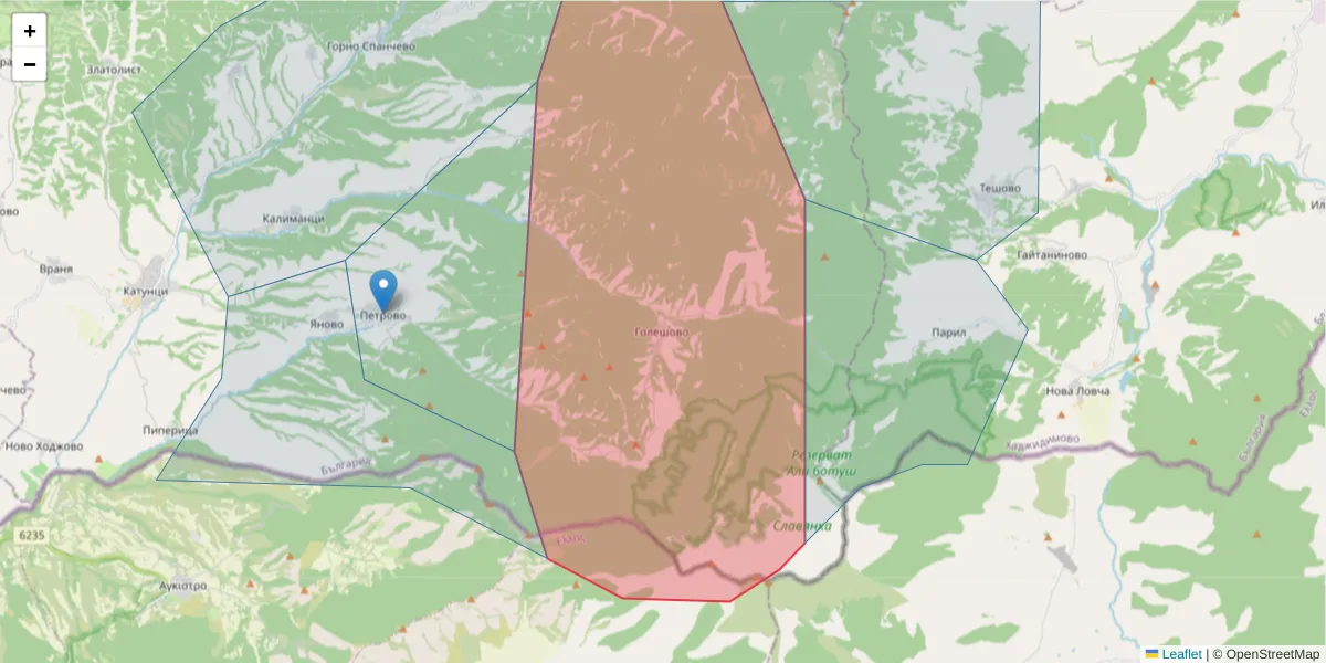 Карта на пощенски код  и съседните пощенски кодове в България