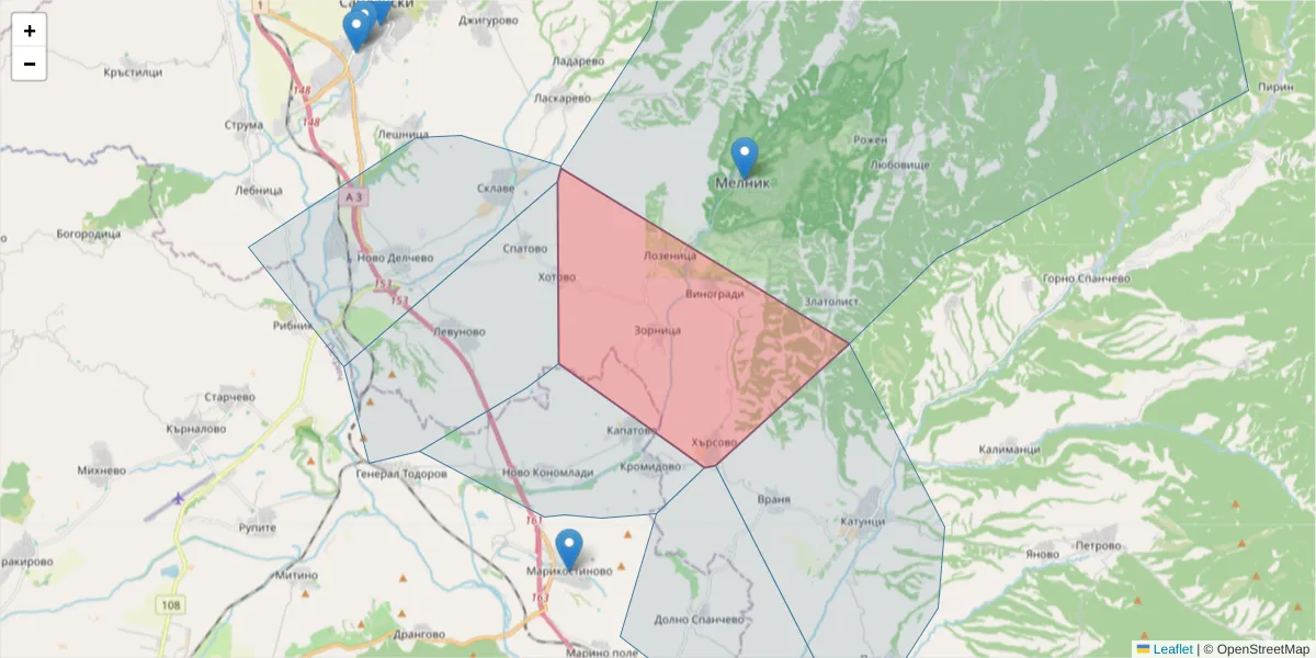 Карта на пощенски код  и съседните пощенски кодове в България