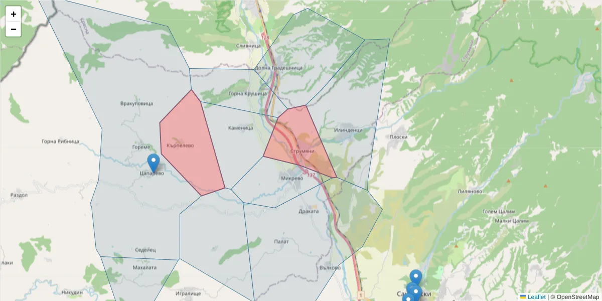 Карта на пощенски код  и съседните пощенски кодове в България