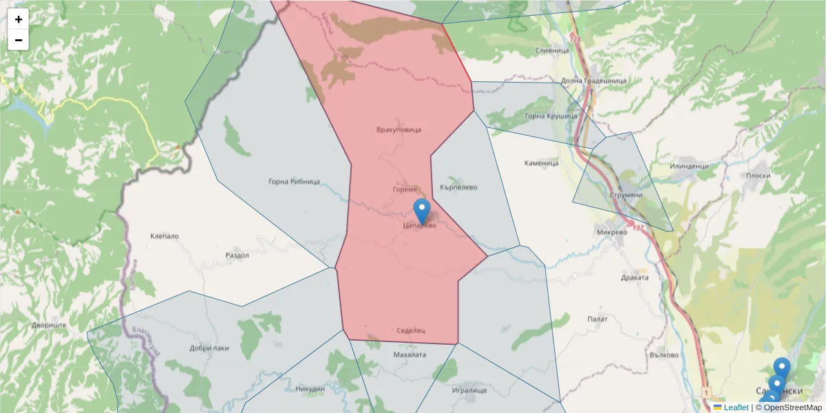 Карта на пощенски код  и съседните пощенски кодове в България